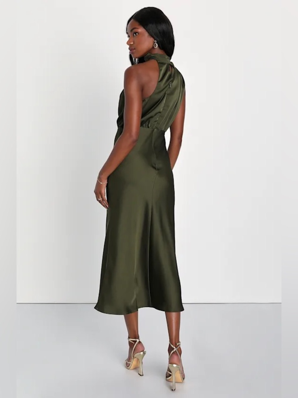Lulus Distinctive Charm Olive Sleeveless Satin Midi Dress - Picture 4 of 4